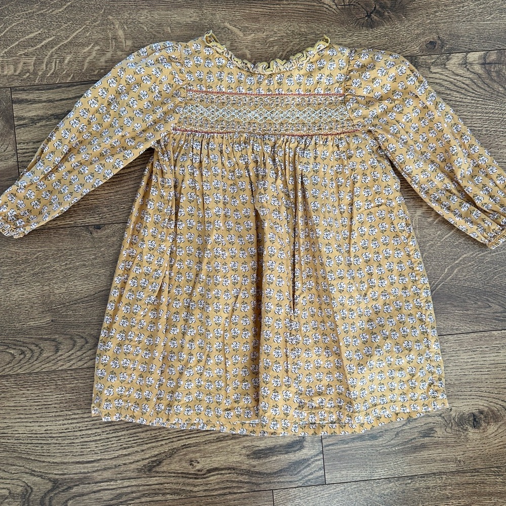 Mustard Floral Smocked Long-Sleeve Dress